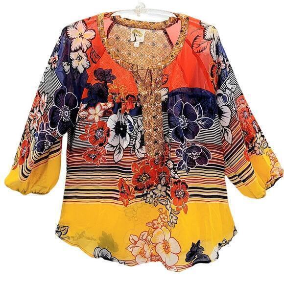HPAnthropologie Floral Stripe‎ Sheer Long Sleeve Henley Tie Front Blouse - Picture 1 of 13